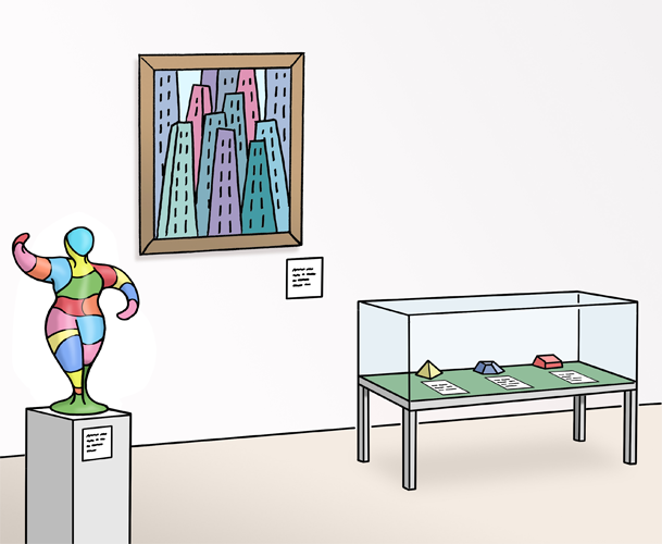 Zeichung, die einen Ausstellungsraum darstellt: ein Bild mit bunten Hochhäusern hängt an der Wand, daneben steht auf einem Socken eine Figur der Künstlerin Nana. Rechts neben dem Bild steht eine flache Vitrine.