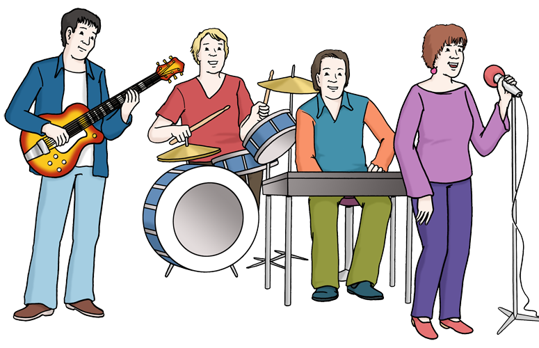 Farbige Zeichnung einer Musikband. Vier Musiker, einer mit Gitarre, eine an der Trommel, einer am Keyboard und eine Sängerin.