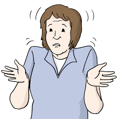 Ein Mensch macht eine Geste mit hochgezogenen Schultern: ich weiß nicht.