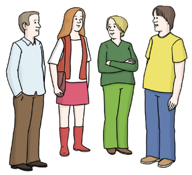 Eine Gruppe von vier Menschen steht zusammen und unterhält sich.