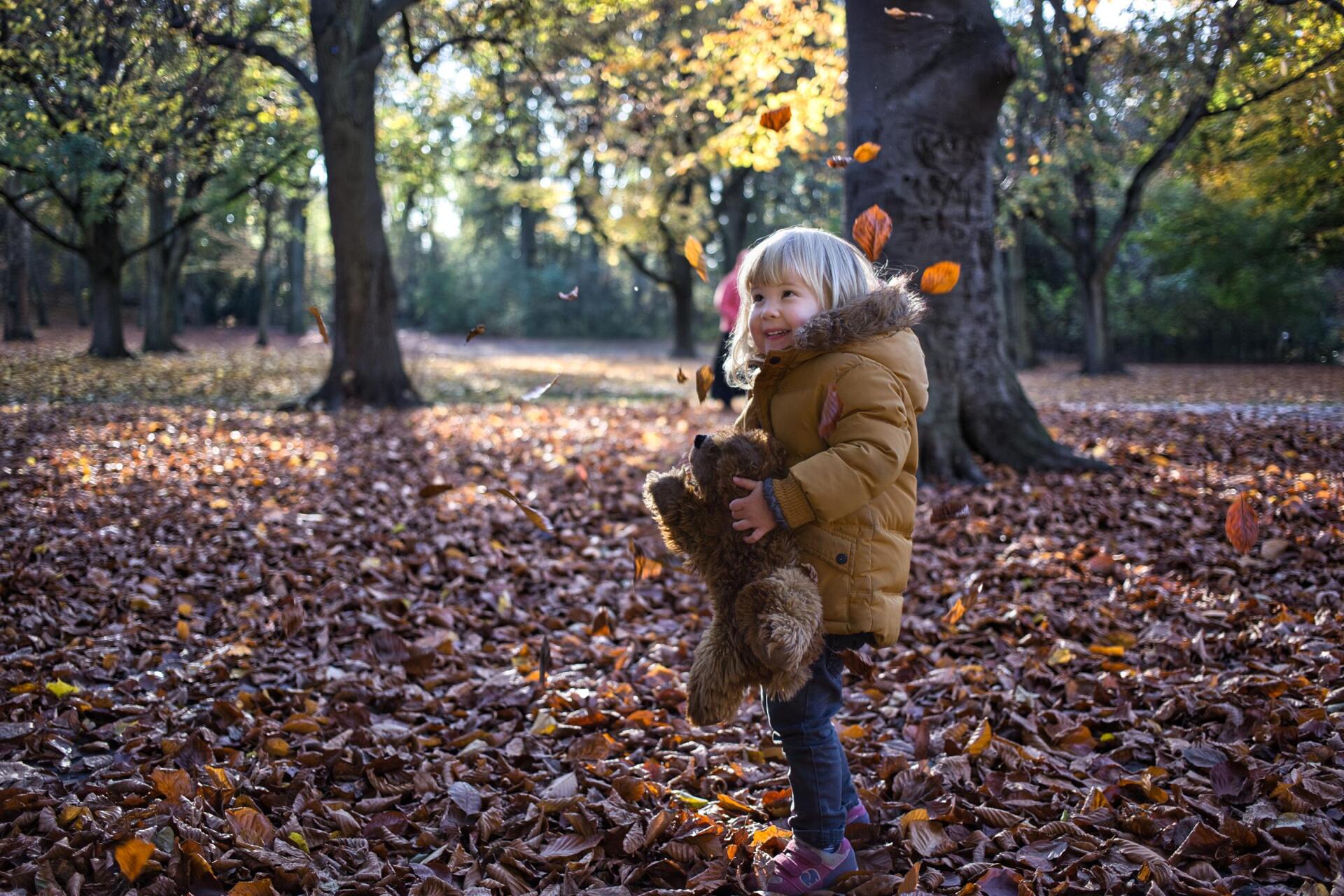 Herbstlaub regnet auf Landes Kleinkind