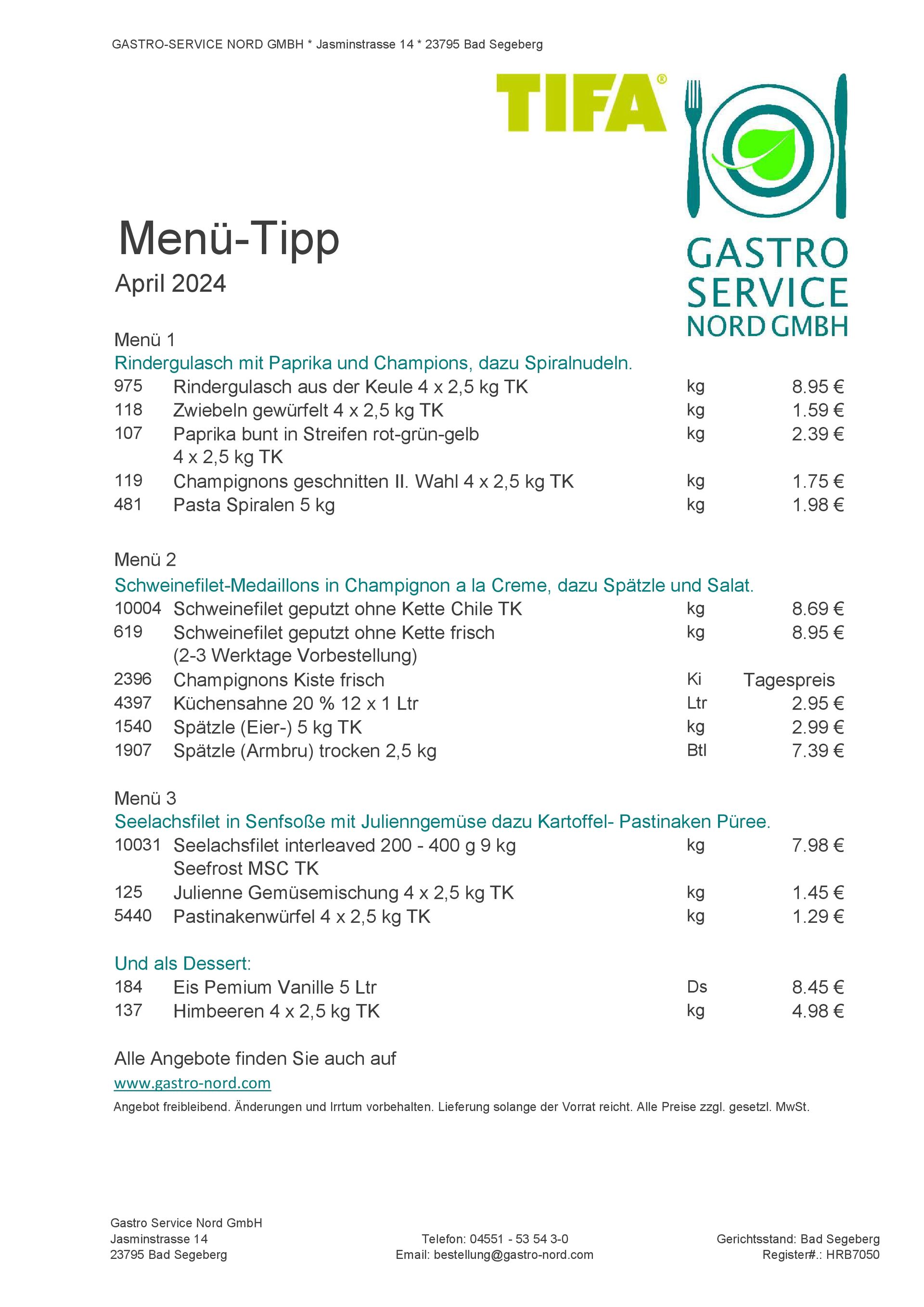 Gastro-Service Nord Menue-Tipp April 2024