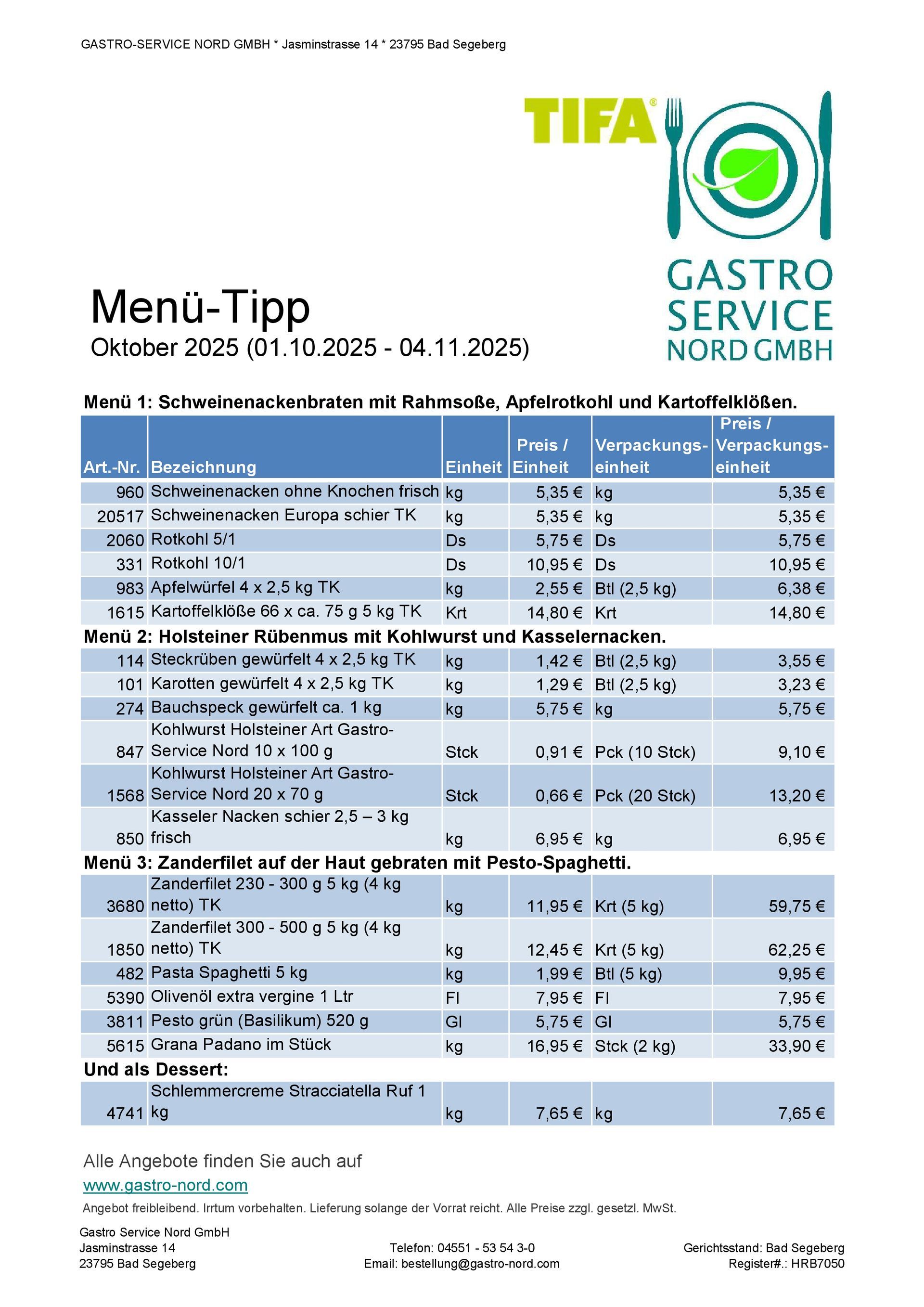 Gastro-Service Nord Menü-Tipp Oktober 2025