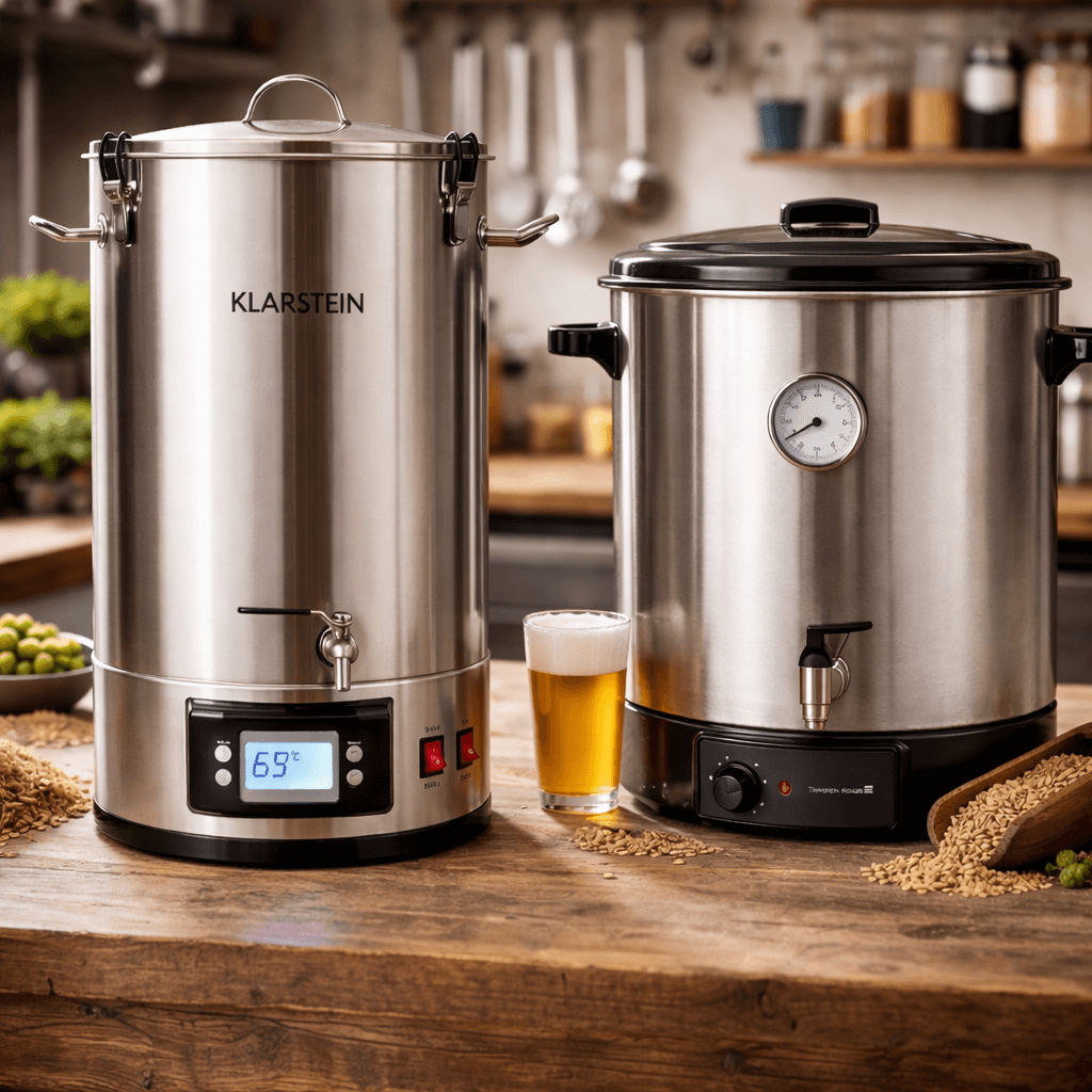 Digitaler Braukessel und klassischer Einkochautomat im Vergleich auf Holztisch – analoges und digitales Bierbrauen in der Küche.