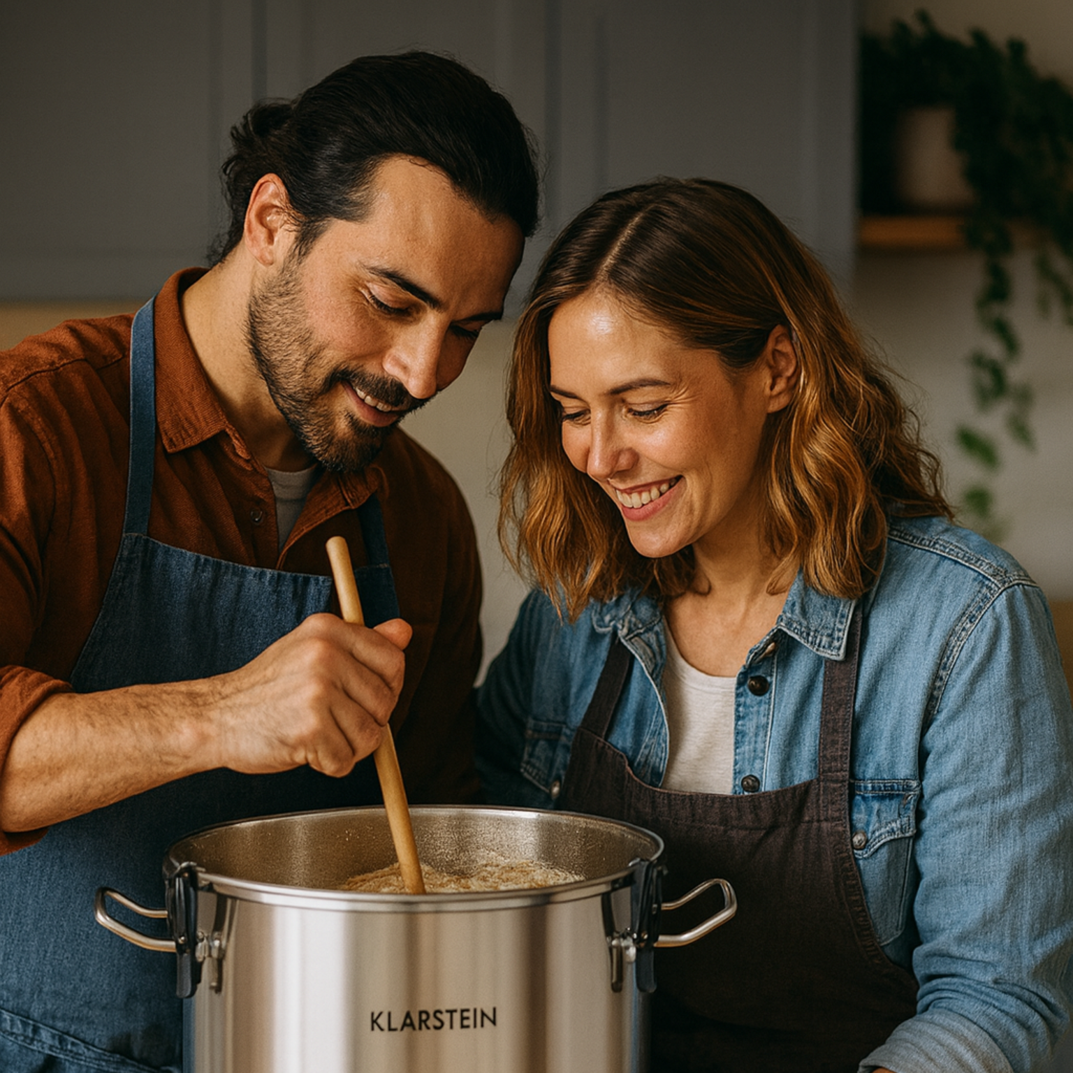 Paar beim Bierbrauen am digitalen Braukessel – aktives Maischen im Braukurs der Kirchfelder Braumanufaktur