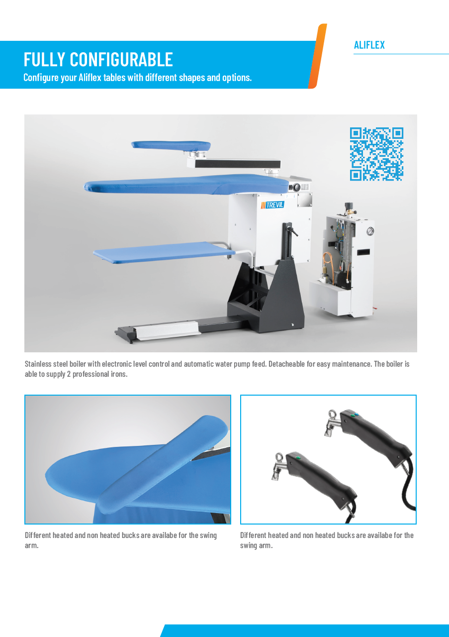 Der neue PALLAS TREVIL Bügeltisch Aliflex, Mit Absaugung auf der Bügelfläche, Mit Höhenverstellung der Bügelfläche, Mit elektrisch beheizter Bügelfläche, Mit Kleiderauffangtuch, Mit Fußpedalsteuerung, Optional mit Dampferzeuger und mit Bügeleisen, Optional mit Schwenkarm und Ärmelform, Optional mit Beleuchtung u. v. m.