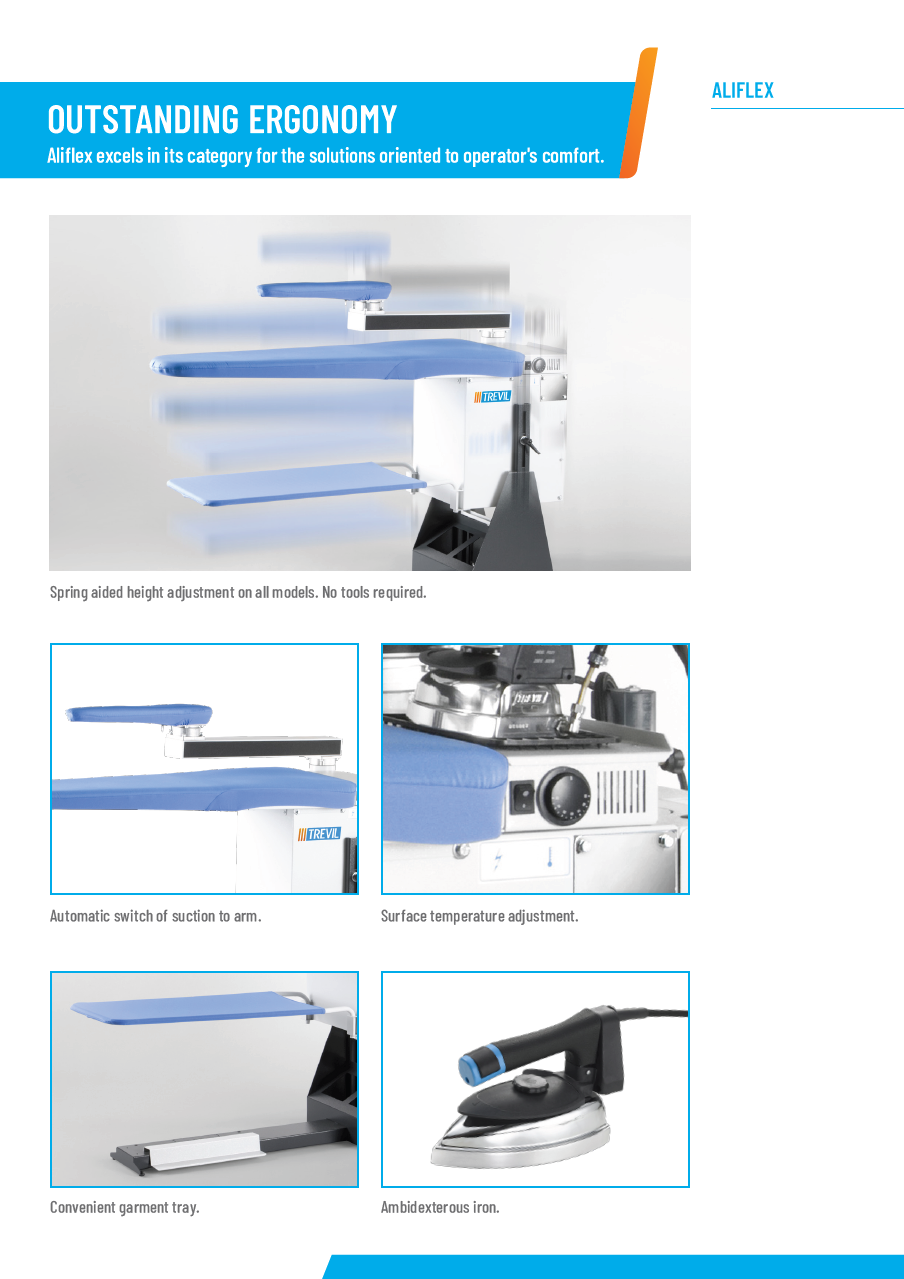 Der neue PALLAS TREVIL Bügeltisch Aliflex, Mit Absaugung auf der Bügelfläche, Mit Höhenverstellung der Bügelfläche, Mit elektrisch beheizter Bügelfläche, Mit Kleiderauffangtuch, Mit Fußpedalsteuerung, Optional mit Dampferzeuger und mit Bügeleisen, Optional mit Schwenkarm und Ärmelform, Optional mit Beleuchtung u. v. m.