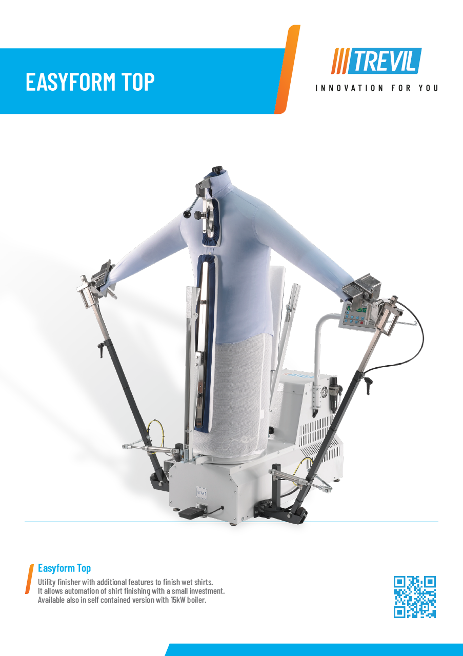 Der neue PALLAS TREVIL Universalfinisher Easyform TOP, Mit kalter manueller Frontleiste, Mit manueller Rückenleiste, Mit Langarmsystem, Mit Steuercomputer, Mit drehbarem Puppenkörper, Mit Dampfgebung- und Kaltluft, Manuell gesteuert, Auf Wunsch mit Dampferzeuger, Für Obergarderobe jeder Art.