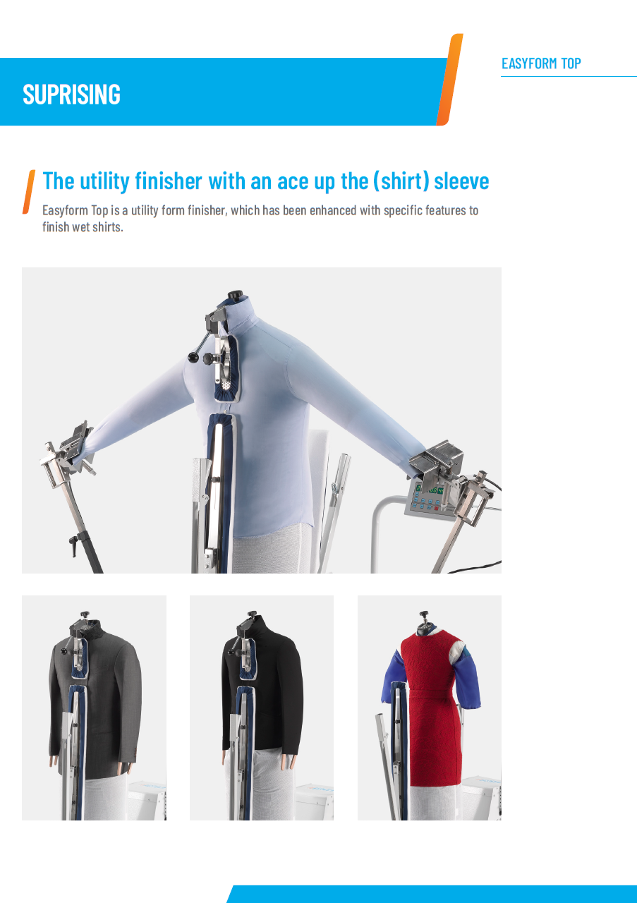 Der neue PALLAS TREVIL Universalfinisher Easyform TOP, Mit kalter manueller Frontleiste, Mit manueller Rückenleiste, Mit Langarmsystem, Mit Steuercomputer, Mit drehbarem Puppenkörper, Mit Dampfgebung- und Kaltluft, Manuell gesteuert, Auf Wunsch mit Dampferzeuger, Für Obergarderobe jeder Art.