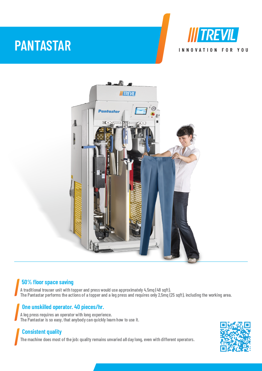 Der neue PALLAS TREVIL Hosenautomat Pantastar 5353 mit patentiertem und einzigartigem Hosentopper- und Presssystem für verschiedene Hosen und Röcke. Mit Hosentopperstation und Beinklammern, Mit Pressplatten für die Bügelfalte, Mit neuem Touch-Steuercomputer, Mit Dampfgebung- und Heissluft, Vollpneumatisch gesteuert, Auf Wunsch mit Bügeleisen, Dampfpistole und Nachbügelstation. Für Hosen und Röcke aller Art.