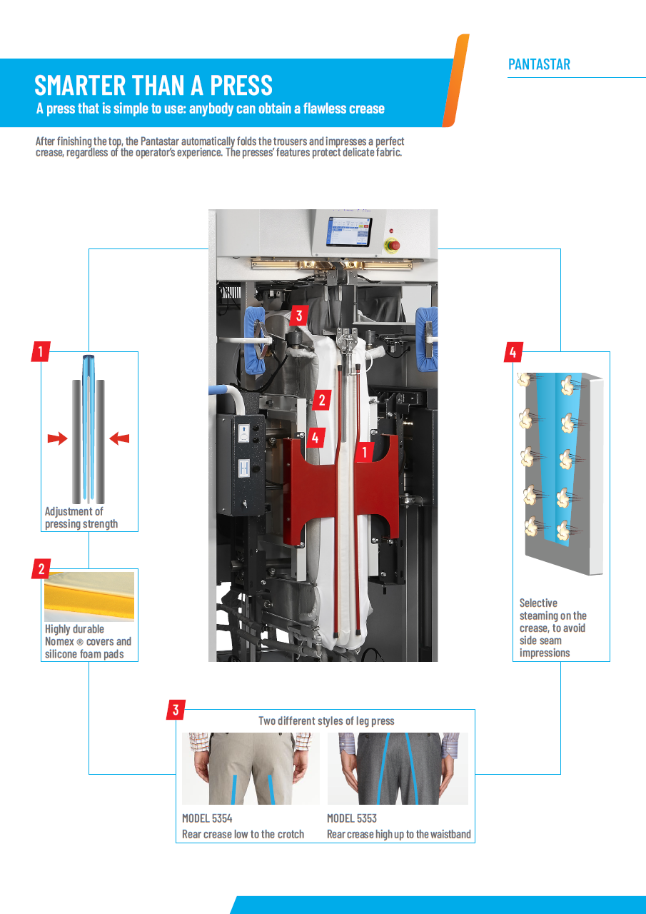 Der neue PALLAS TREVIL Hosenautomat Pantastar 5353 mit patentiertem und einzigartigem Hosentopper- und Presssystem für verschiedene Hosen und Röcke. Mit Hosentopperstation und Beinklammern, Mit Pressplatten für die Bügelfalte, Mit neuem Touch-Steuercomputer, Mit Dampfgebung- und Heissluft, Vollpneumatisch gesteuert, Auf Wunsch mit Bügeleisen, Dampfpistole und Nachbügelstation. Für Hosen und Röcke aller Art.