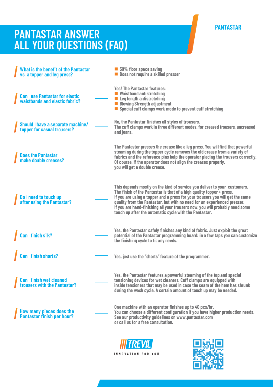 Der neue PALLAS TREVIL Hosenautomat Pantastar 5353 mit patentiertem und einzigartigem Hosentopper- und Presssystem für verschiedene Hosen und Röcke. Mit Hosentopperstation und Beinklammern, Mit Pressplatten für die Bügelfalte, Mit neuem Touch-Steuercomputer, Mit Dampfgebung- und Heissluft, Vollpneumatisch gesteuert, Auf Wunsch mit Bügeleisen, Dampfpistole und Nachbügelstation. Für Hosen und Röcke aller Art.