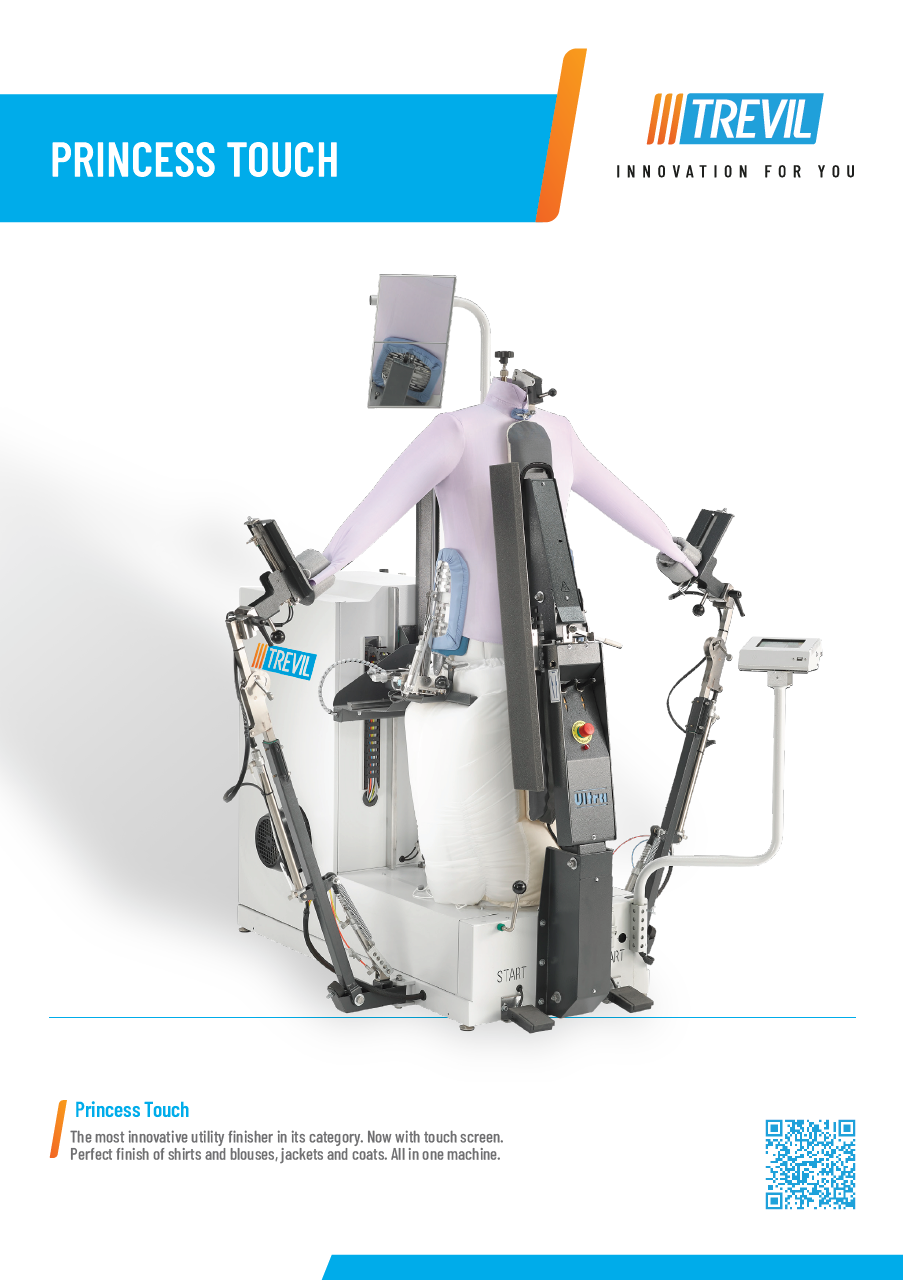 Der neue PALLAS TREVIL Universalfinisher Princess Touch mit patentierter drehbarer Frontleiste (heiß / kalt für verschiedene Garderobe), Mit Seitenspannern und Rückenleiste, Mit Kurz- und Langarmsystem, Mit neuem Touch-Steuercomputer, Mit Seiten- und Längsstreckung, Mit Dampfgebung- und Heissluft, Vollpneumatisch gesteuert, Auf Wunsch mit Bügeleisen, Für Obergarderobe jeder Art.