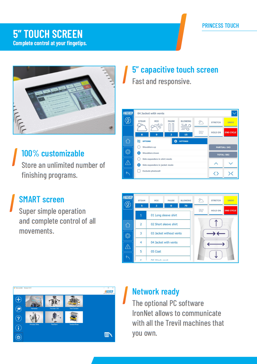 Der neue PALLAS TREVIL Universalfinisher Princess Touch mit patentierter drehbarer Frontleiste (heiß / kalt für verschiedene Garderobe), Mit Seitenspannern und Rückenleiste, Mit Kurz- und Langarmsystem, Mit neuem Touch-Steuercomputer, Mit Seiten- und Längsstreckung, Mit Dampfgebung- und Heissluft, Vollpneumatisch gesteuert, Auf Wunsch mit Bügeleisen, Für Obergarderobe jeder Art.