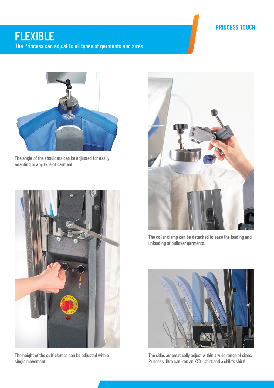 Der neue PALLAS TREVIL Universalfinisher Princess Touch mit patentierter drehbarer Frontleiste (heiß / kalt für verschiedene Garderobe), Mit Seitenspannern und Rückenleiste, Mit Kurz- und Langarmsystem, Mit neuem Touch-Steuercomputer, Mit Seiten- und Längsstreckung, Mit Dampfgebung- und Heissluft, Vollpneumatisch gesteuert, Auf Wunsch mit Bügeleisen, Für Obergarderobe jeder Art.