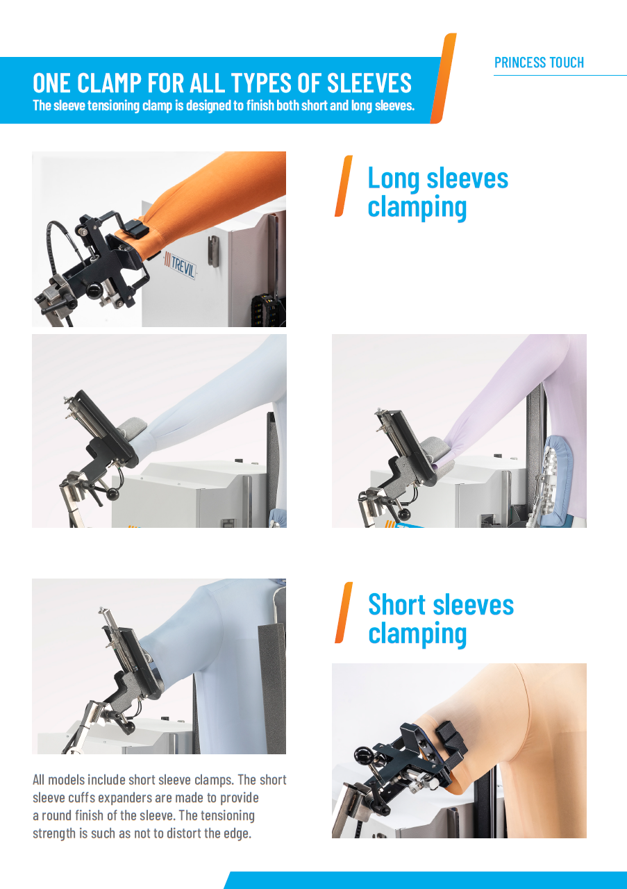 Der neue PALLAS TREVIL Universalfinisher Princess Touch mit patentierter drehbarer Frontleiste (heiß / kalt für verschiedene Garderobe), Mit Seitenspannern und Rückenleiste, Mit Kurz- und Langarmsystem, Mit neuem Touch-Steuercomputer, Mit Seiten- und Längsstreckung, Mit Dampfgebung- und Heissluft, Vollpneumatisch gesteuert, Auf Wunsch mit Bügeleisen, Für Obergarderobe jeder Art.