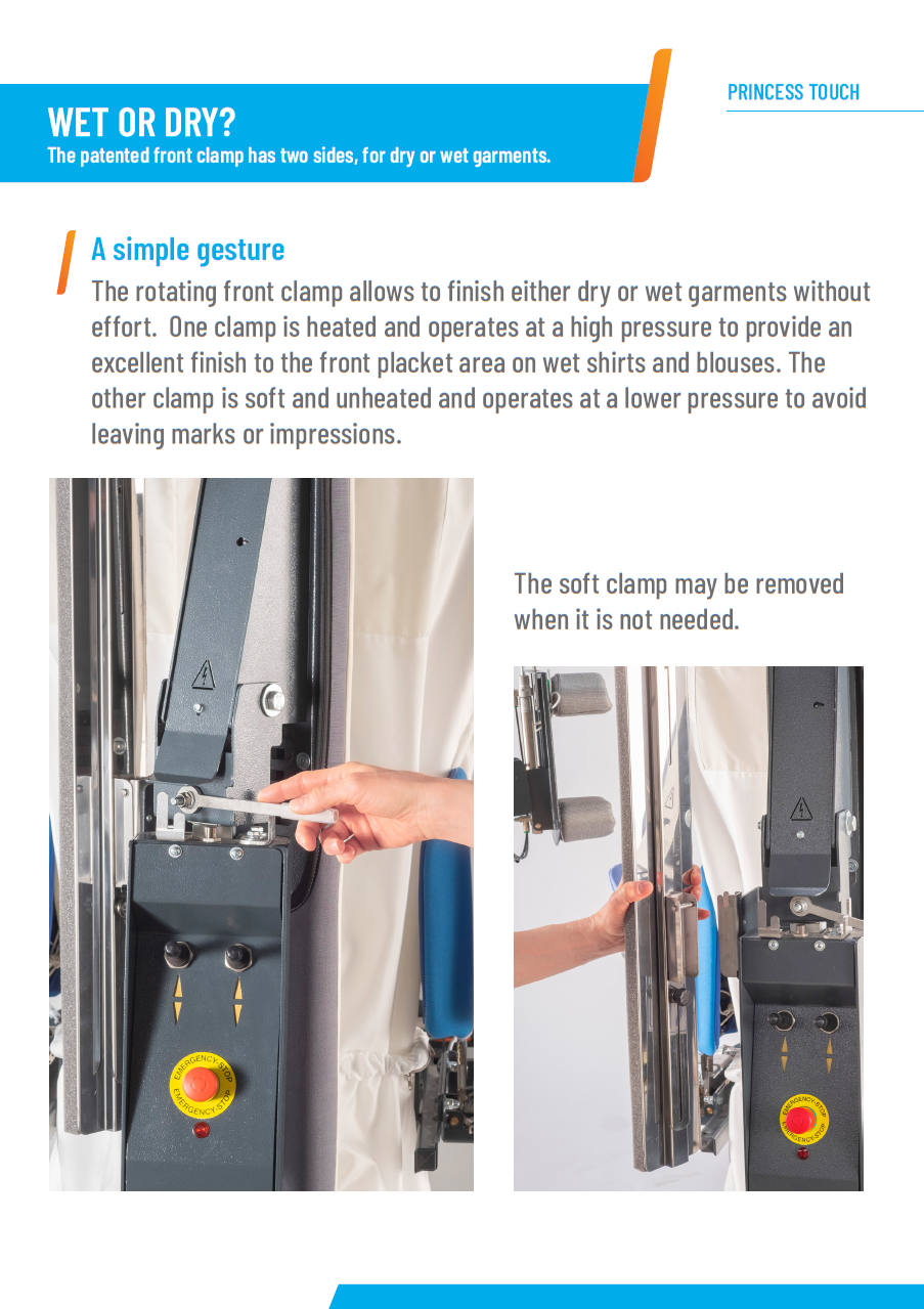 Der neue PALLAS TREVIL Universalfinisher Princess Touch mit patentierter drehbarer Frontleiste (heiß / kalt für verschiedene Garderobe), Mit Seitenspannern und Rückenleiste, Mit Kurz- und Langarmsystem, Mit neuem Touch-Steuercomputer, Mit Seiten- und Längsstreckung, Mit Dampfgebung- und Heissluft, Vollpneumatisch gesteuert, Auf Wunsch mit Bügeleisen, Für Obergarderobe jeder Art.