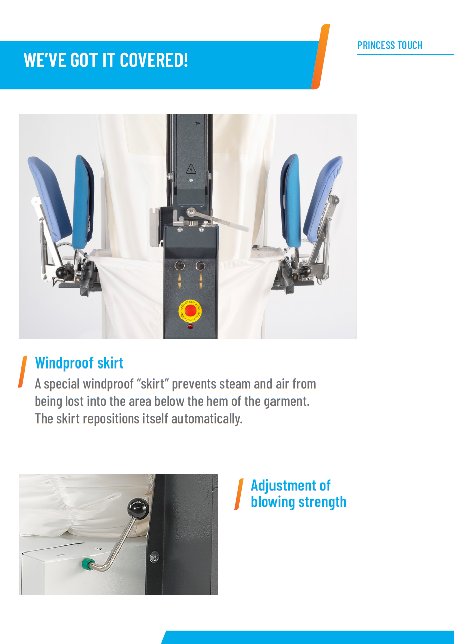 Der neue PALLAS TREVIL Universalfinisher Princess Touch mit patentierter drehbarer Frontleiste (heiß / kalt für verschiedene Garderobe), Mit Seitenspannern und Rückenleiste, Mit Kurz- und Langarmsystem, Mit neuem Touch-Steuercomputer, Mit Seiten- und Längsstreckung, Mit Dampfgebung- und Heissluft, Vollpneumatisch gesteuert, Auf Wunsch mit Bügeleisen, Für Obergarderobe jeder Art.