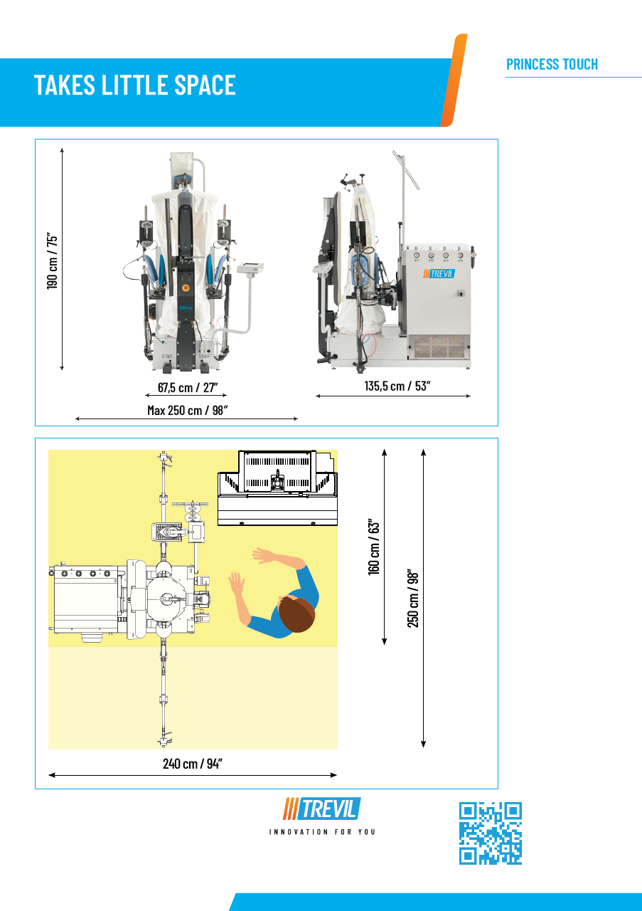Der neue PALLAS TREVIL Universalfinisher Princess Touch mit patentierter drehbarer Frontleiste (heiß / kalt für verschiedene Garderobe), Mit Seitenspannern und Rückenleiste, Mit Kurz- und Langarmsystem, Mit neuem Touch-Steuercomputer, Mit Seiten- und Längsstreckung, Mit Dampfgebung- und Heissluft, Vollpneumatisch gesteuert, Auf Wunsch mit Bügeleisen, Für Obergarderobe jeder Art.