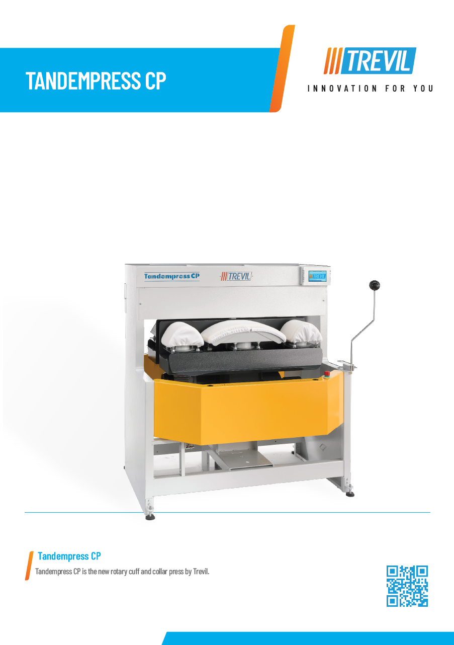 Die neue PALLAS TREVIL Kragen- und Manschetten- Presse, Dreikopfpresse Tandempress CP. Doppelpresse für schnelles Vorbügeln, Mit teflonbeschichteten Oberplatten, Mit rotierenden Unterplatten, Mit integriertem Vakuum-Absaugmotor, Mit neuem Touch-Steuercomputer, Vollpneumatisch gesteuert, Für Kragen und Manschetten.