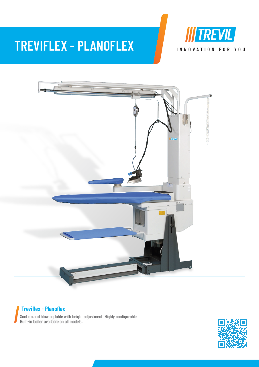 Der neue PALLAS TREVIL Bügeltisch Treviflex, Mit Absaugung auf der Bügelfläche, Mit Gebläse auf der Bügelfläche, Mit Höhenverstellung der Bügelfläche, Mit elektrisch beheizter Bügelfläche, Mit Kleiderauffangtuch, Mit Fußpedalsteuerung, Optional mit Dampferzeuger und mit Bügeleisen, Optional mit Schwenkarm und Ärmelform, Optional mit Beleuchtung u. v. m.