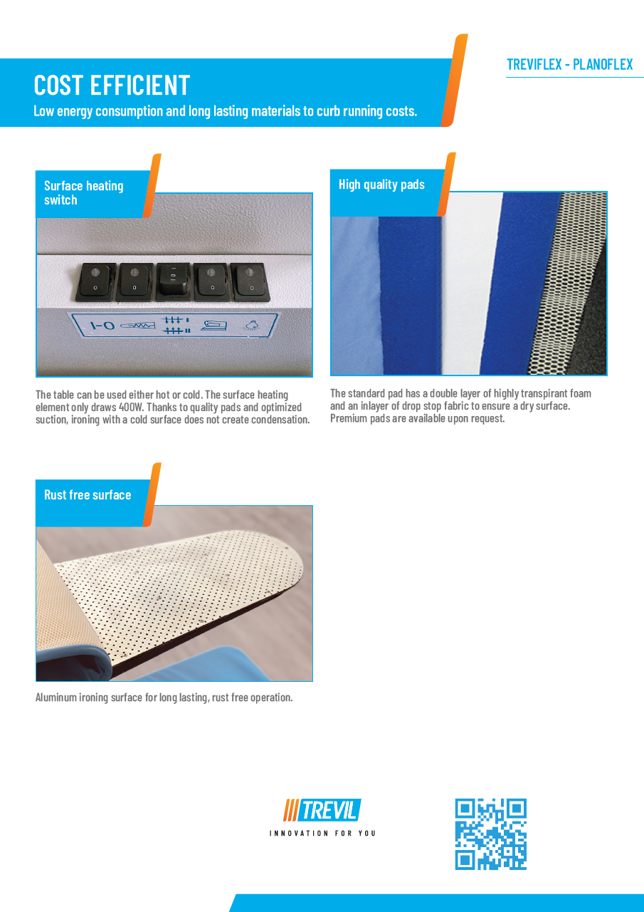 Der neue PALLAS TREVIL Bügeltisch Treviflex, Mit Absaugung auf der Bügelfläche, Mit Gebläse auf der Bügelfläche, Mit Höhenverstellung der Bügelfläche, Mit elektrisch beheizter Bügelfläche, Mit Kleiderauffangtuch, Mit Fußpedalsteuerung, Optional mit Dampferzeuger und mit Bügeleisen, Optional mit Schwenkarm und Ärmelform, Optional mit Beleuchtung u. v. m.