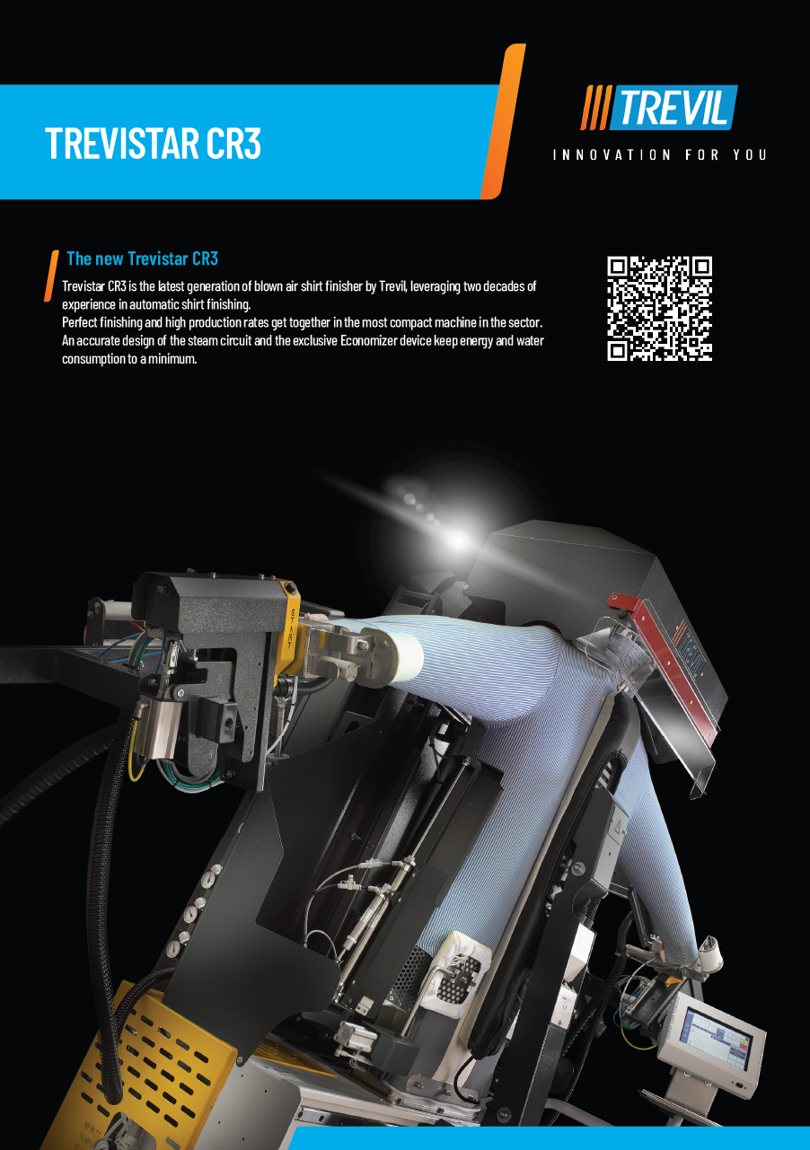 Der neue PALLAS TREVIL Hemdenfinisher Trevistar CR3 mit beheizter Frontleiste für Hemden, Mit Seitenspannern und Rückenleiste, Mit Kurz- und Langarmsystem, Mit neuem Touch-Steuercomputer, Mit Economizer für Wärmerückgewinnung, Mit Seiten- und Längsstreckung, Mit Dampfgebung- und Heissluft, Vollpneumatisch gesteuert, Auf Wunsch mit Bügeleisen, Für Blusen, Kurz- und Langarmhemden.