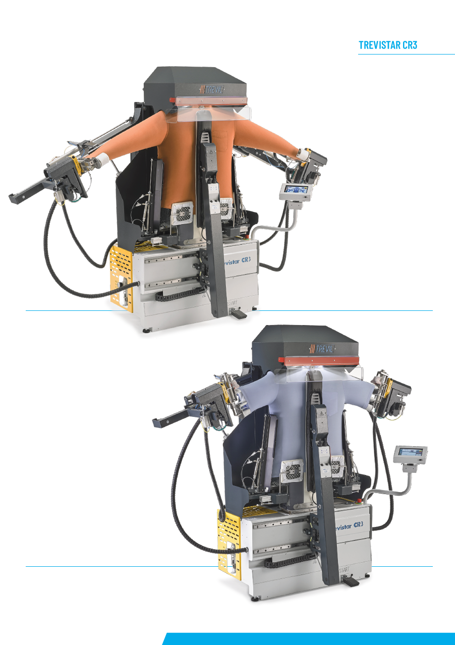 Der neue PALLAS TREVIL Hemdenfinisher Trevistar CR3 mit beheizter Frontleiste für Hemden, Mit Seitenspannern und Rückenleiste, Mit Kurz- und Langarmsystem, Mit neuem Touch-Steuercomputer, Mit Economizer für Wärmerückgewinnung, Mit Seiten- und Längsstreckung, Mit Dampfgebung- und Heissluft, Vollpneumatisch gesteuert, Auf Wunsch mit Bügeleisen, Für Blusen, Kurz- und Langarmhemden.
