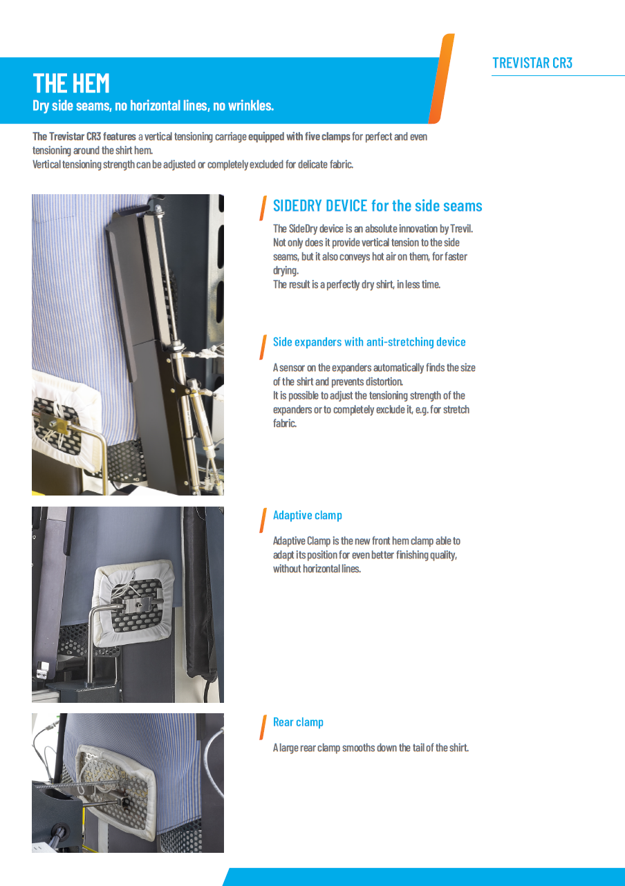 Der neue PALLAS TREVIL Hemdenfinisher Trevistar CR3 mit beheizter Frontleiste für Hemden, Mit Seitenspannern und Rückenleiste, Mit Kurz- und Langarmsystem, Mit neuem Touch-Steuercomputer, Mit Economizer für Wärmerückgewinnung, Mit Seiten- und Längsstreckung, Mit Dampfgebung- und Heissluft, Vollpneumatisch gesteuert, Auf Wunsch mit Bügeleisen, Für Blusen, Kurz- und Langarmhemden.
