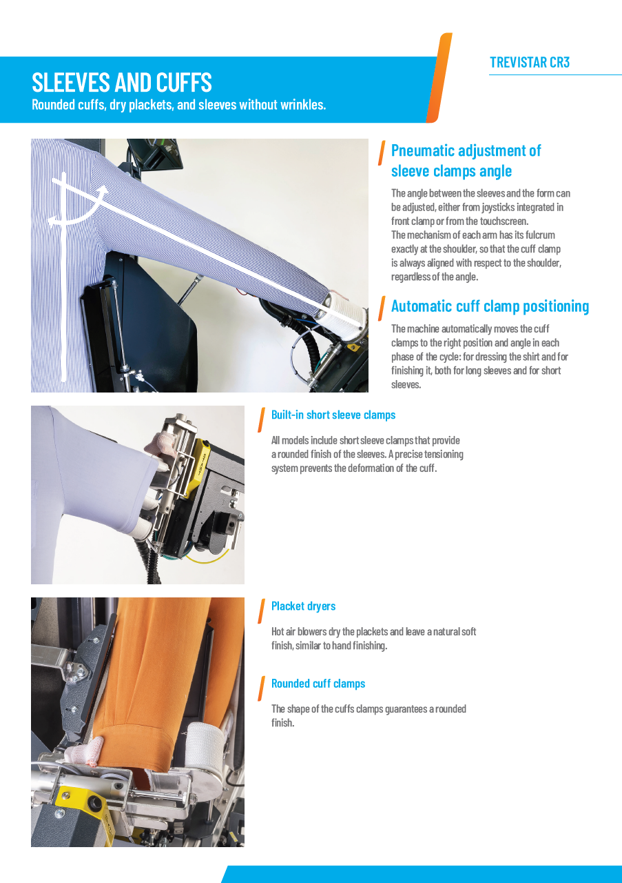 Der neue PALLAS TREVIL Hemdenfinisher Trevistar CR3 mit beheizter Frontleiste für Hemden, Mit Seitenspannern und Rückenleiste, Mit Kurz- und Langarmsystem, Mit neuem Touch-Steuercomputer, Mit Economizer für Wärmerückgewinnung, Mit Seiten- und Längsstreckung, Mit Dampfgebung- und Heissluft, Vollpneumatisch gesteuert, Auf Wunsch mit Bügeleisen, Für Blusen, Kurz- und Langarmhemden.