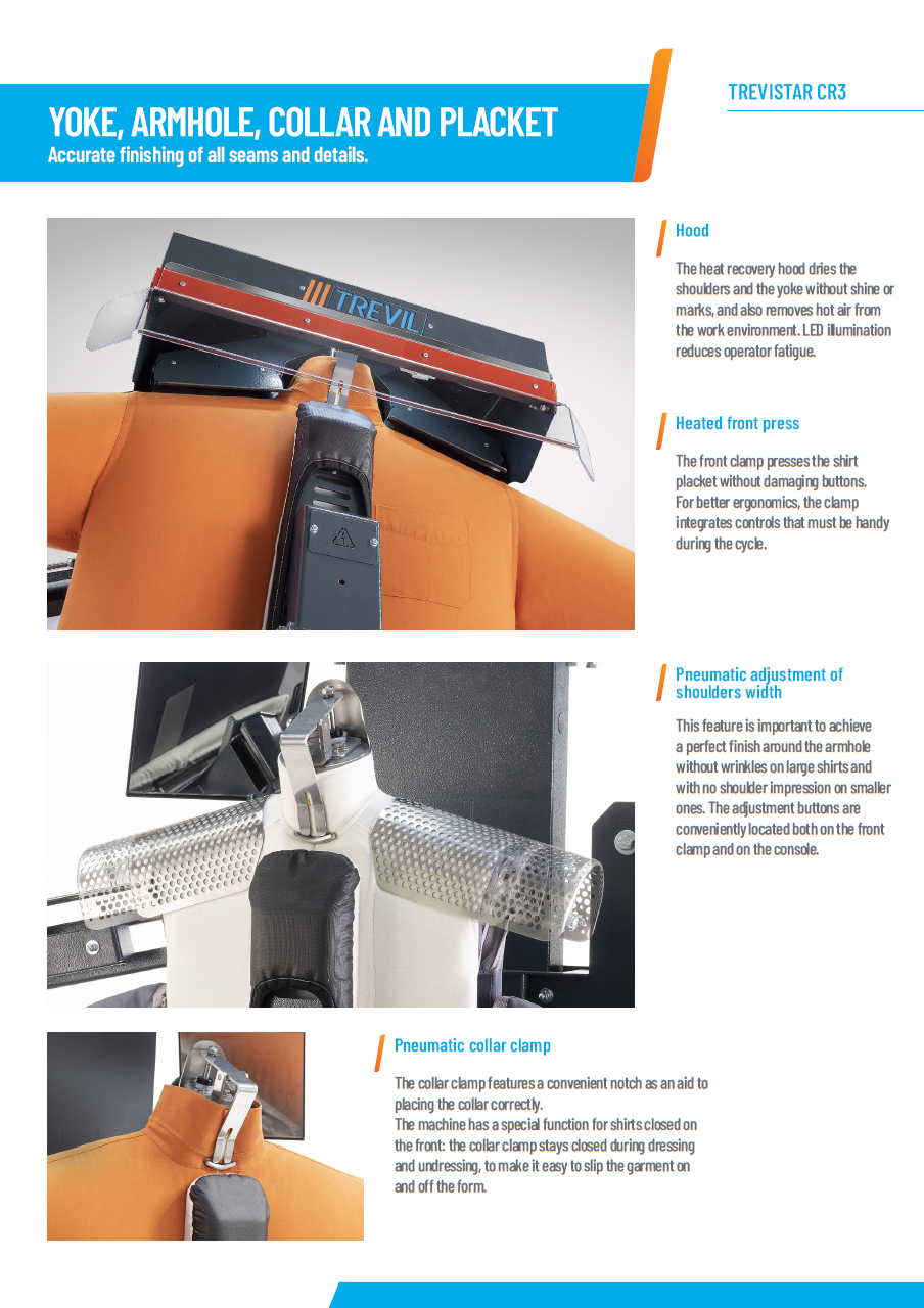 Der neue PALLAS TREVIL Hemdenfinisher Trevistar CR3 mit beheizter Frontleiste für Hemden, Mit Seitenspannern und Rückenleiste, Mit Kurz- und Langarmsystem, Mit neuem Touch-Steuercomputer, Mit Economizer für Wärmerückgewinnung, Mit Seiten- und Längsstreckung, Mit Dampfgebung- und Heissluft, Vollpneumatisch gesteuert, Auf Wunsch mit Bügeleisen, Für Blusen, Kurz- und Langarmhemden.
