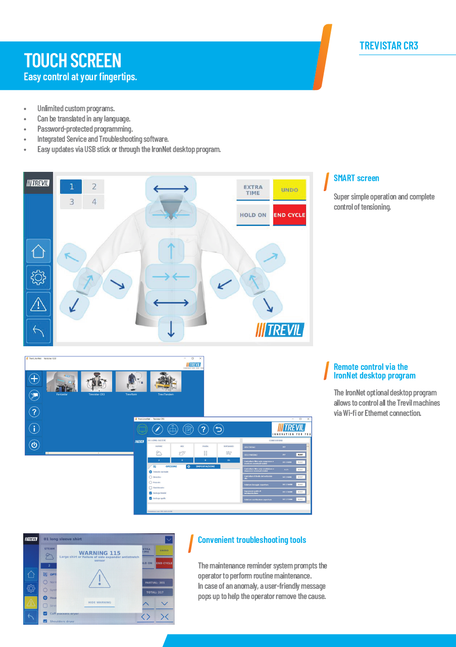 Der neue PALLAS TREVIL Hemdenfinisher Trevistar CR3 mit beheizter Frontleiste für Hemden, Mit Seitenspannern und Rückenleiste, Mit Kurz- und Langarmsystem, Mit neuem Touch-Steuercomputer, Mit Economizer für Wärmerückgewinnung, Mit Seiten- und Längsstreckung, Mit Dampfgebung- und Heissluft, Vollpneumatisch gesteuert, Auf Wunsch mit Bügeleisen, Für Blusen, Kurz- und Langarmhemden.