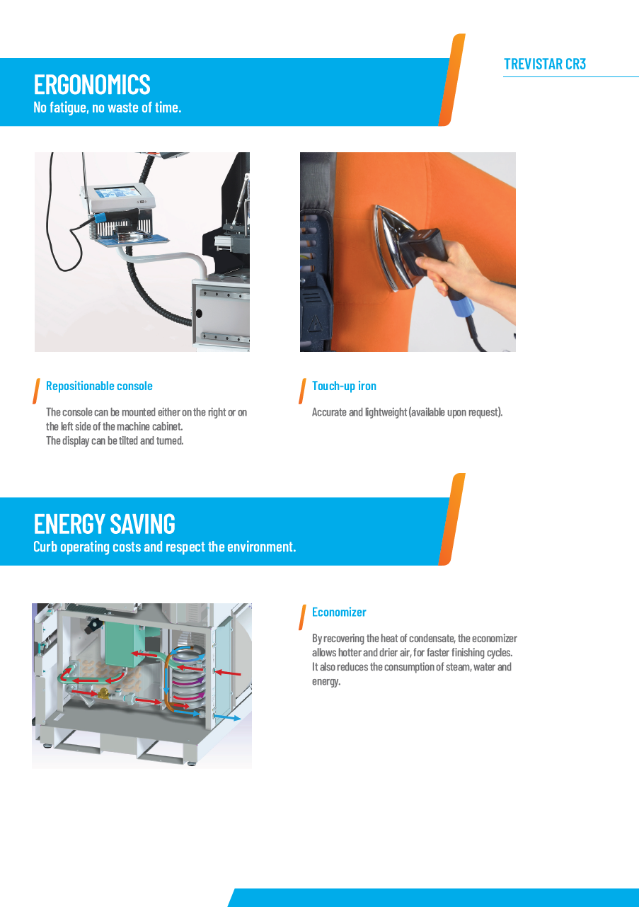 Der neue PALLAS TREVIL Hemdenfinisher Trevistar CR3 mit beheizter Frontleiste für Hemden, Mit Seitenspannern und Rückenleiste, Mit Kurz- und Langarmsystem, Mit neuem Touch-Steuercomputer, Mit Economizer für Wärmerückgewinnung, Mit Seiten- und Längsstreckung, Mit Dampfgebung- und Heissluft, Vollpneumatisch gesteuert, Auf Wunsch mit Bügeleisen, Für Blusen, Kurz- und Langarmhemden.