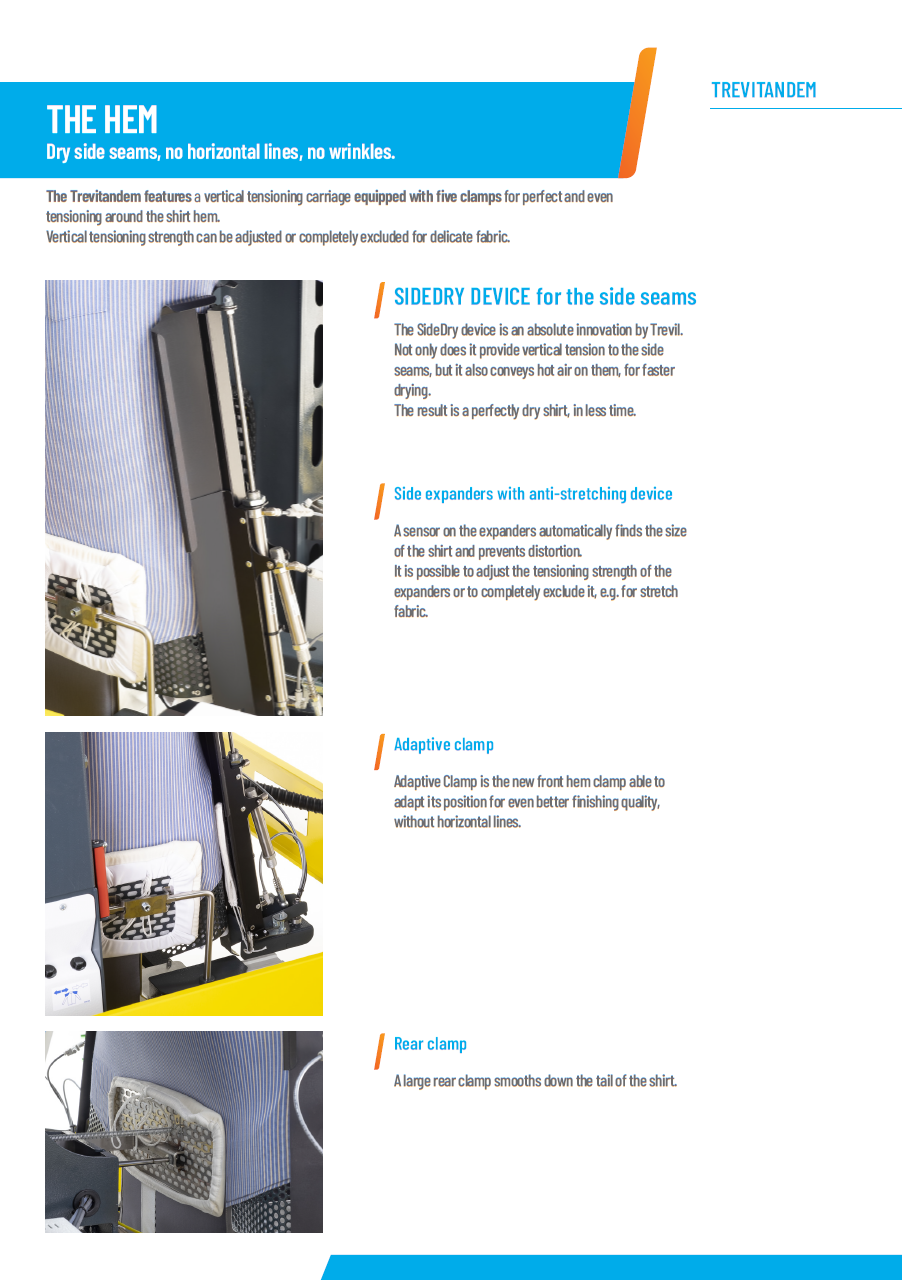 Der neue PALLAS TREVIL Hemdenfinisher Trevitandem mit beheizten Frontleisten für Hemden, Mit Seitenspannern und Rückenleisten, Mit Kurz- und Langarmsystemen, Mit neuem Touch-Steuercomputer, Mit Economizer für Wärmerückgewinnung, Mit Seiten- und Längsstreckungen, Mit Dampfgebung- und Heissluft, Vollpneumatisch gesteuert, Doppelfinisher mit 2 Puppenkörper, Für Blusen, Kurz- und Langarmhemden.
