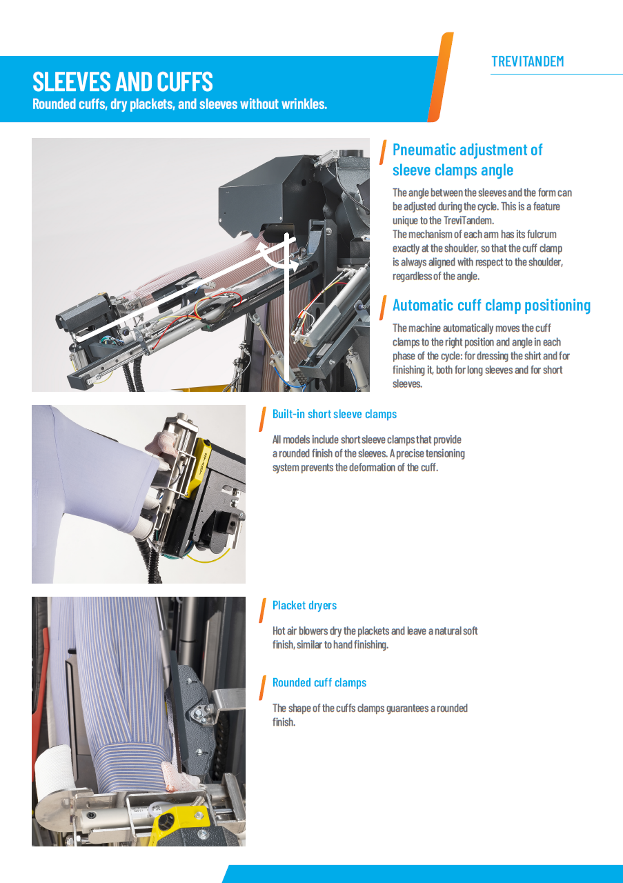 Der neue PALLAS TREVIL Hemdenfinisher Trevitandem mit beheizten Frontleisten für Hemden, Mit Seitenspannern und Rückenleisten, Mit Kurz- und Langarmsystemen, Mit neuem Touch-Steuercomputer, Mit Economizer für Wärmerückgewinnung, Mit Seiten- und Längsstreckungen, Mit Dampfgebung- und Heissluft, Vollpneumatisch gesteuert, Doppelfinisher mit 2 Puppenkörper, Für Blusen, Kurz- und Langarmhemden.