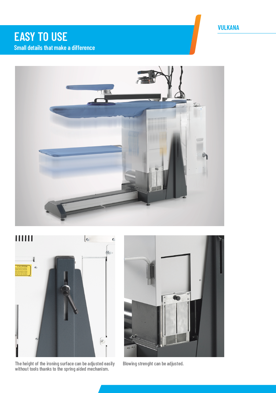 Der neue PALLAS TREVIL Bügeltisch Vulkana, Mit Absaugung auf der Bügelfläche, Mit Gebläse auf der Bügelfläche, Mit Unterdampf auf der Bügelfläche, Mit Höhenverstellung der Bügelfläche, Mit elektrisch beheizter Bügelfläche, Mit Kleiderauffangtuch, Mit Fußpedalsteuerung, Optional mit Dampferzeuger und mit Bügeleisen, Optional mit Schwenkarm und Ärmelform, Optional mit Beleuchtung u. v. m.