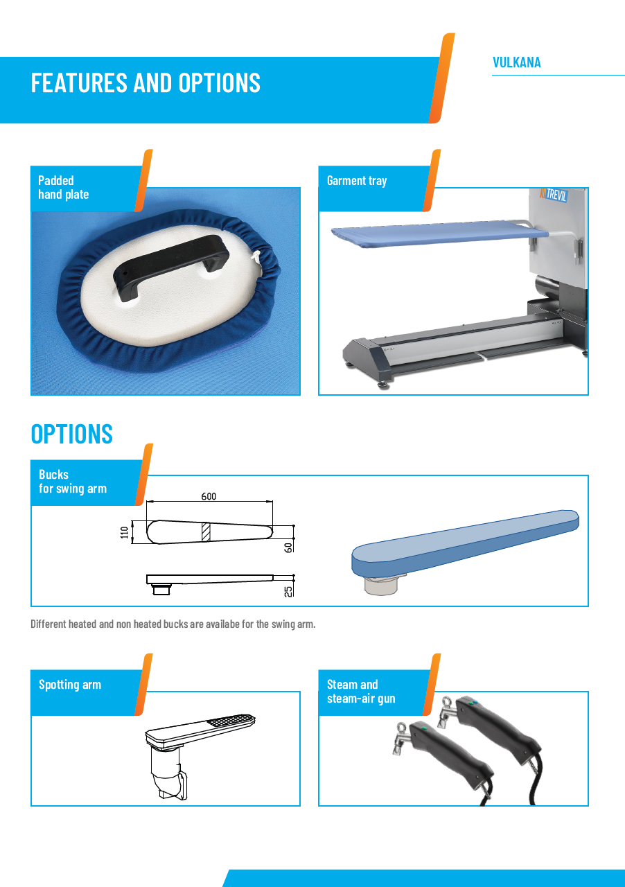 Der neue PALLAS TREVIL Bügeltisch Vulkana, Mit Absaugung auf der Bügelfläche, Mit Gebläse auf der Bügelfläche, Mit Unterdampf auf der Bügelfläche, Mit Höhenverstellung der Bügelfläche, Mit elektrisch beheizter Bügelfläche, Mit Kleiderauffangtuch, Mit Fußpedalsteuerung, Optional mit Dampferzeuger und mit Bügeleisen, Optional mit Schwenkarm und Ärmelform, Optional mit Beleuchtung u. v. m.