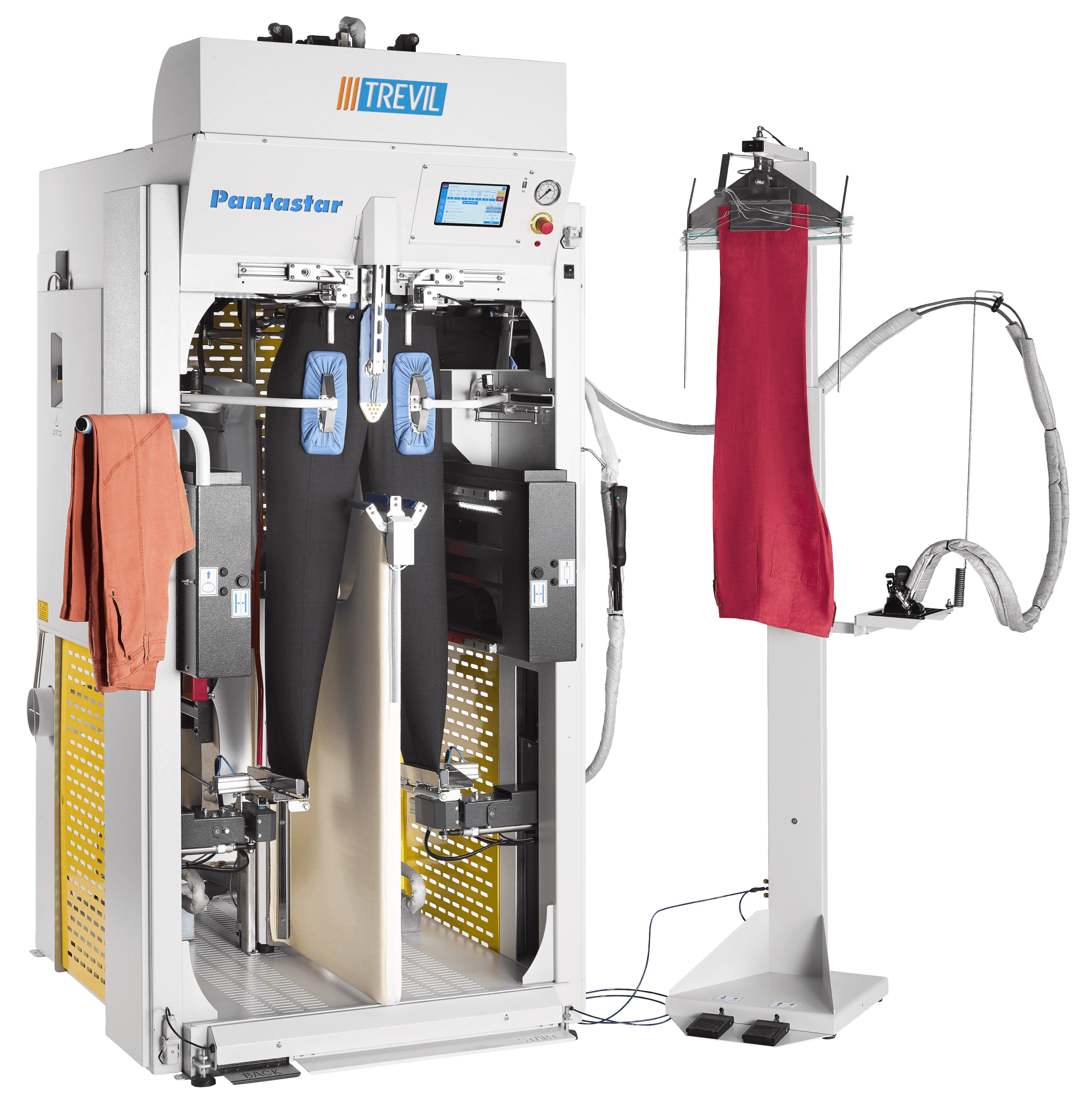 pallas finish systeme gmbh trevil hosenautomat pantastar PALLAS - TREVIL PANTASTAR 5353 Der Hosenautomat: Er toppt zuerst alle Arten von Hosen wie ein Hosentopper und bügelt / presst dann auf Wunsch noch eine Bügelfalte wie eine Hosenbügelpresse. Und das alles mit nur 1 Bedienperson. Die Hosenbügelmaschine von Profis für Profis! Bis zu 30 Hosen / Stunde