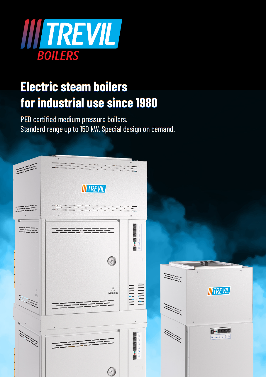 Der neue PALLAS TREVIL Elektrodampferzeuger Geyser mit vollautomatischer Steuerung, Mit bis zu 150 kW max. Leistung, Mit bis zu 200 kg/h Dampfleistung, Mit modularen Heizelementen, Einzeln schaltbar (z.B. 2 x 10 x 7,5 kW), Optional mit Economizer, Optional mit Kondensatrückführtank, Optional mit digitaler TRON-Steuerung, Der Dampferzeuger für Profis!