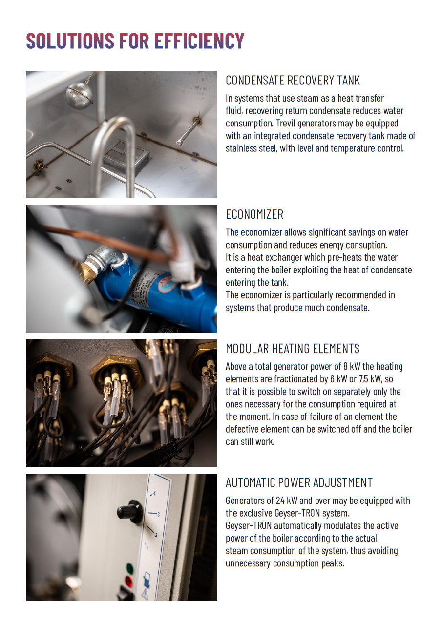 Der neue PALLAS TREVIL Elektrodampferzeuger Geyser mit vollautomatischer Steuerung, Mit bis zu 150 kW max. Leistung, Mit bis zu 200 kg/h Dampfleistung, Mit modularen Heizelementen, Einzeln schaltbar (z.B. 2 x 10 x 7,5 kW), Optional mit Economizer, Optional mit Kondensatrückführtank, Optional mit digitaler TRON-Steuerung, Der Dampferzeuger für Profis!