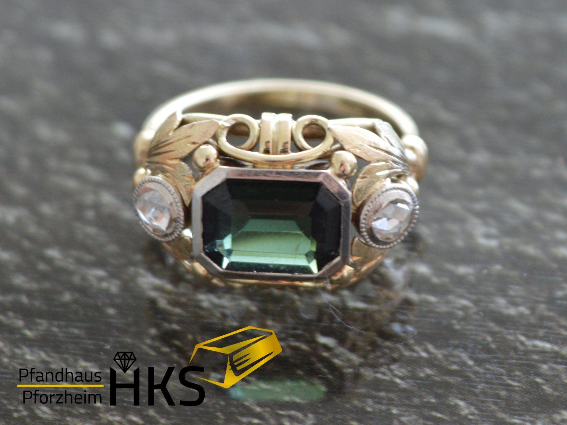 Ring Gold 585/- 4,65 gr.+2 Diamanten 0,10 ct und Verdelith 9x6,5 mm