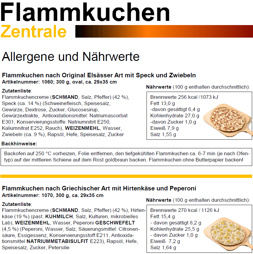 Flammkuchen-Zentrale Solothurn Allergen und Nährwerte der Flammkuchen