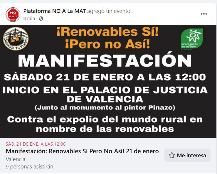 La Coordinadora por la Ubicación Racional de las Energías Renovables convoca una manifestación en Valencia el próximo sábado 21 de enero de 12:00 a 14:00.
