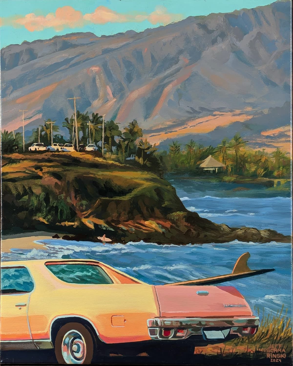 Gemälde eines hellen El Camino Ami Oldtimer mit Surfbrett am Heck parkt an einer Küste mit Palmen und Blick auf hohe Berge von Hawaii.