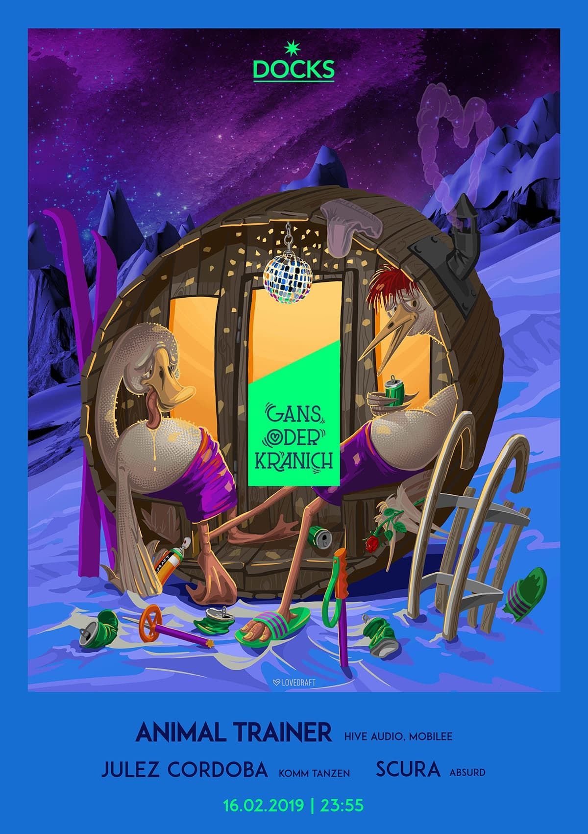 Detaillierte Illustration für ein DOCKS Hamburg Plakat 2019, eine Kranich und ein Gans-Charakter feiern Apres-Ski in einer gemütlichen Fass-Sauna bei Nacht.