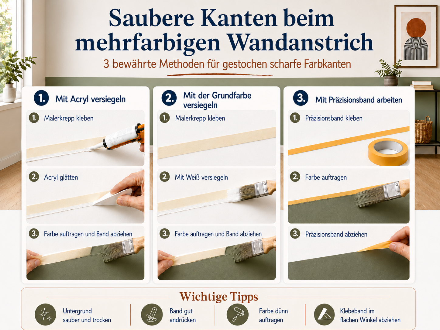 Saubere Kanten beim Streichen gelingen mit der richtigen Technik. Wir zeigen 3 bewährte Methoden