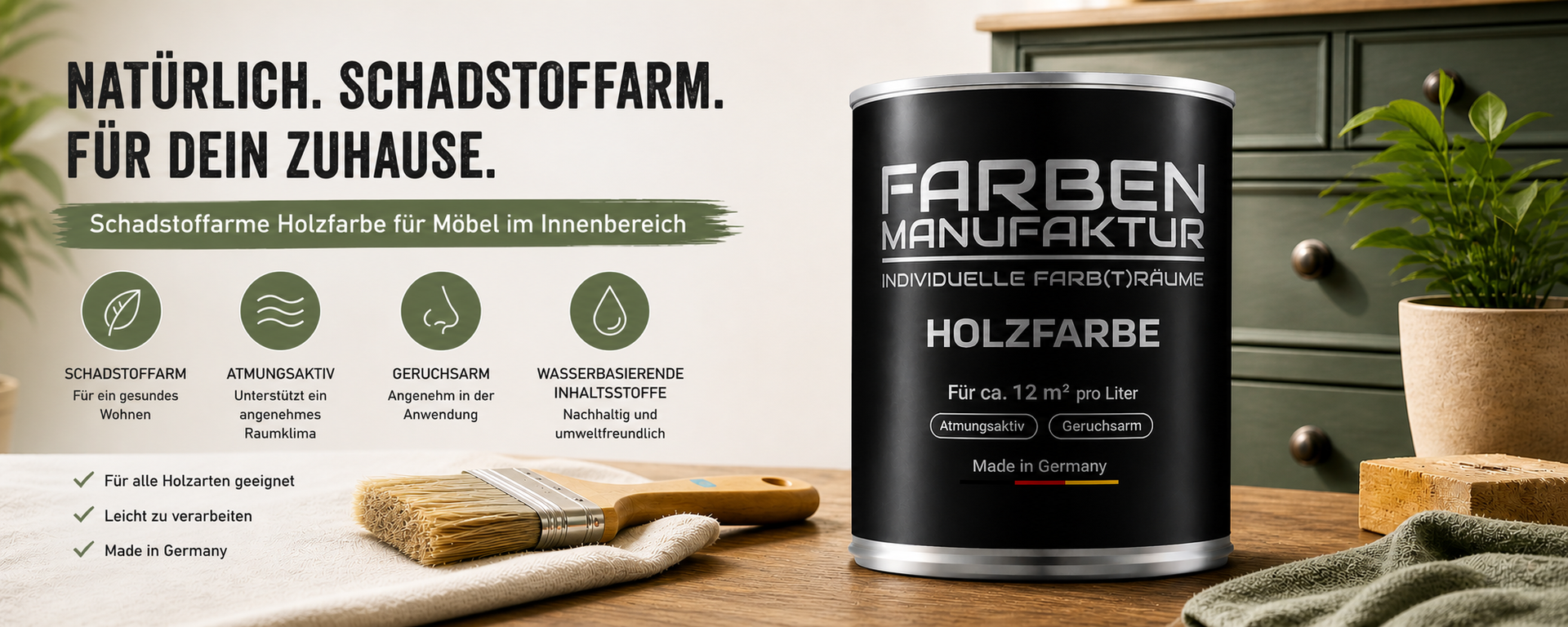 Schadstoffarme, wasserbasierte Holzfarbe von Farben Manufaktur vor einem Möbelstück – ideal für den