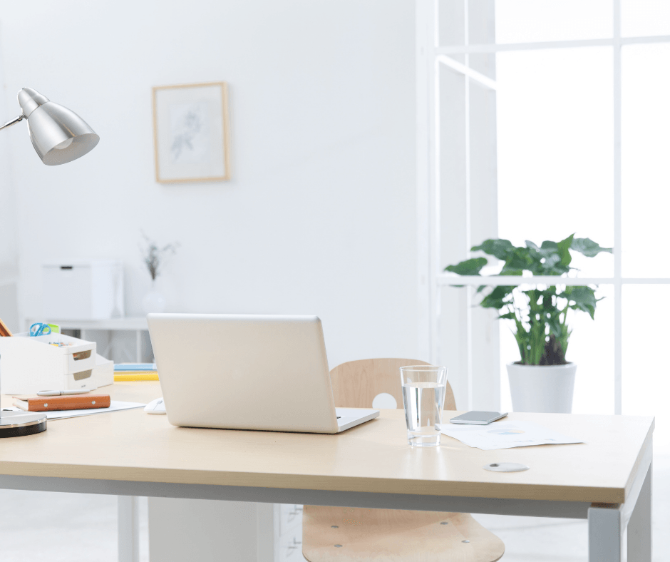 Tidy home office setup with laptop, desk lamp, and indoor plant – workspace cleaning or lifestyle image