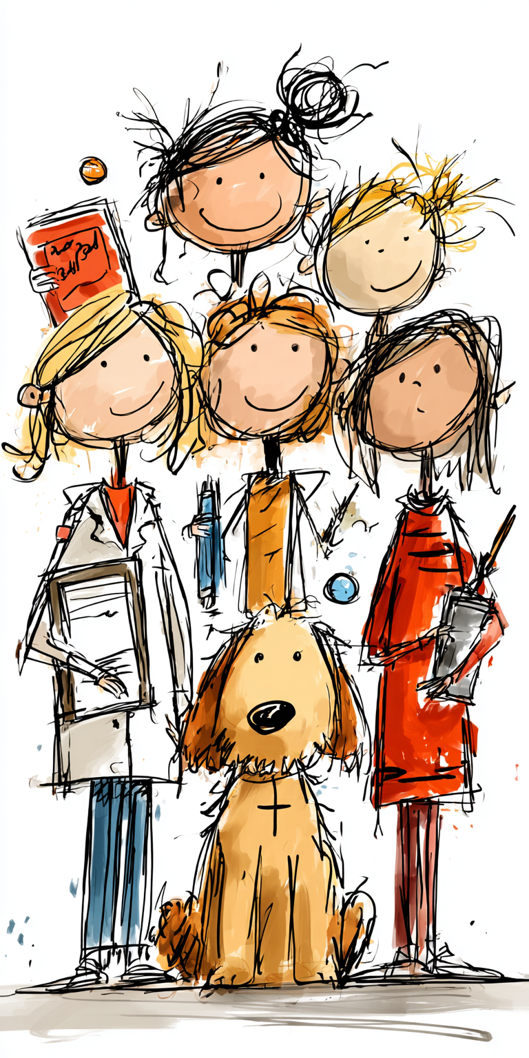 KI Illustration mit Kollegium und Schulhund