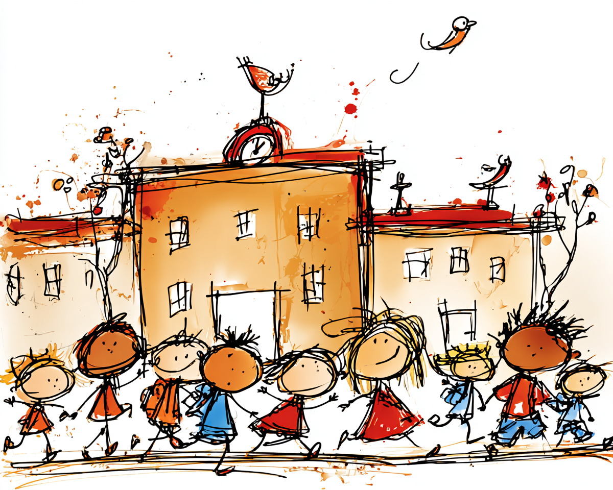 KI Illustration Schulhaus und Kinder
